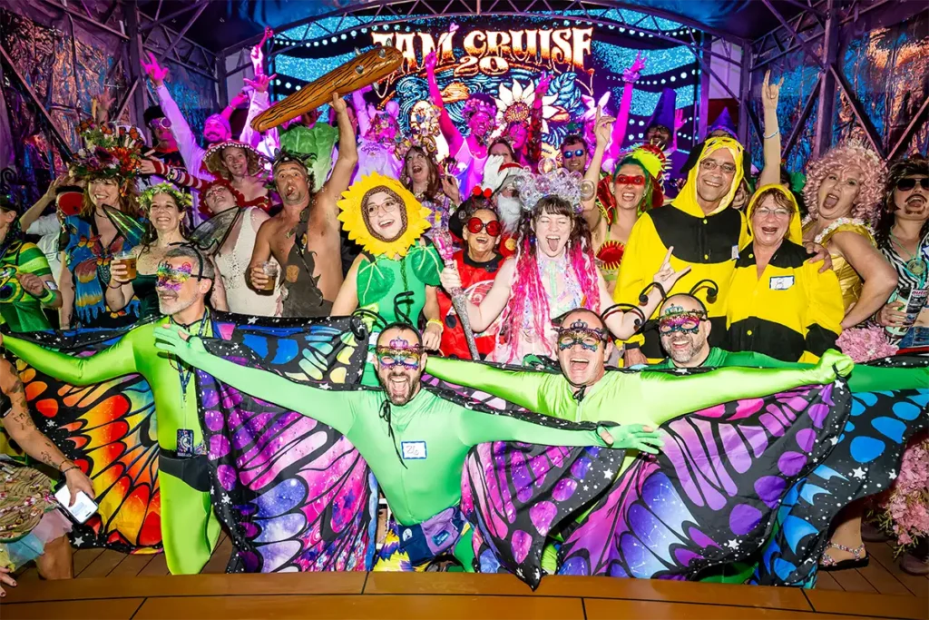 A group of people wearing theme night costumes.