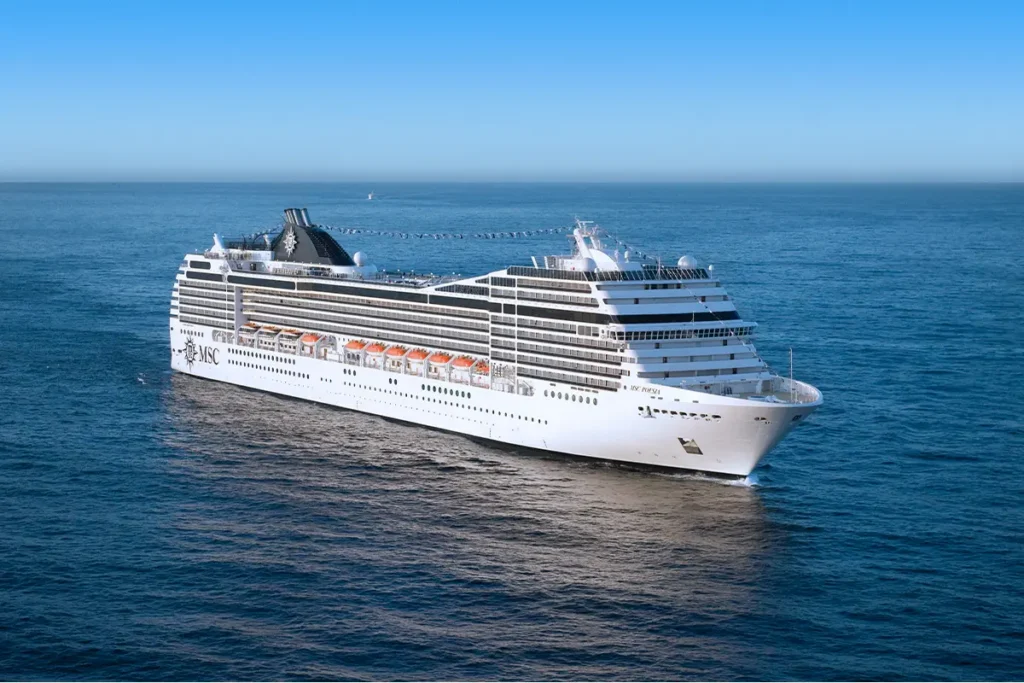 A wide angle photo of the MSC Poesia.