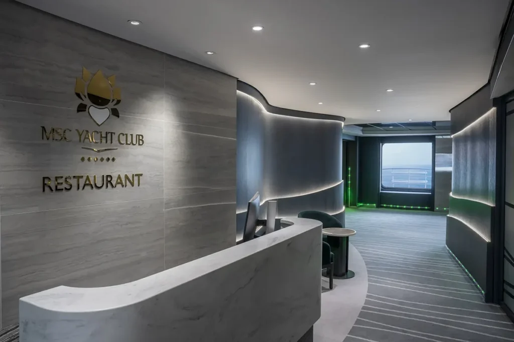 Check in area of the MSC Poesia Yacht Club Restaurant.